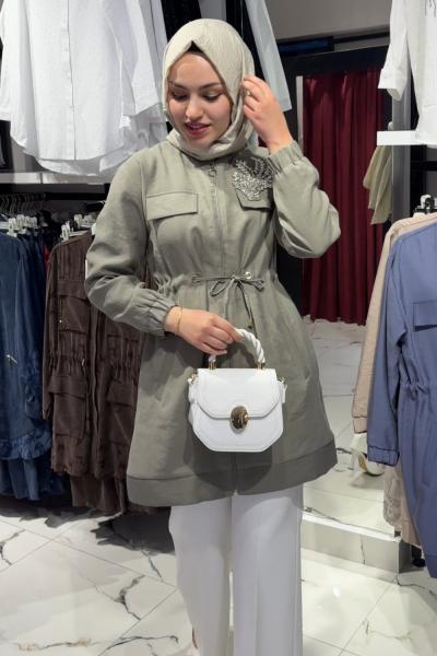 Yakası Taşlı Tasarımlı Kap Mint Yeşili