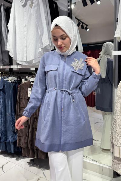 Yakası Taşlı Tasarımlı Kap Bebe Mavisi