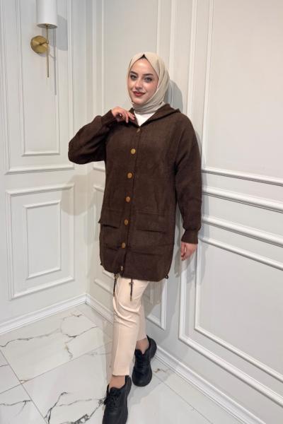 Angora Kapşonlu Hırka Kahverengi