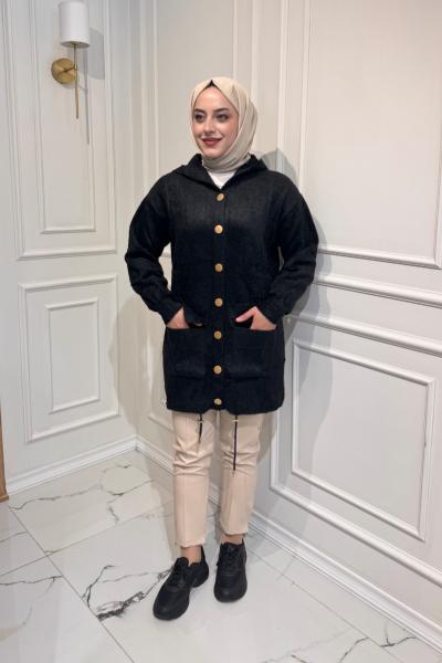 Angora Kapşonlu Hırka Siyah