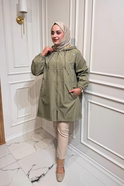 Astarlı Boncuk İşlemeli Kap Haki