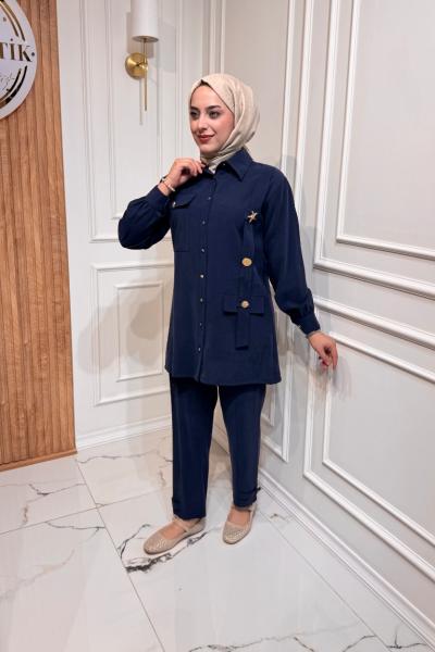 Düğme Detaylı Takım  Lacivert