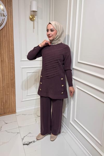 Düğme Detaylı Takım  Mürdüm