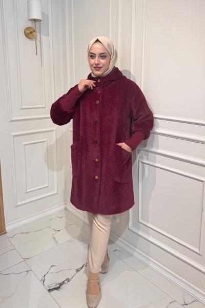 Gold Düğmeli Angora Kaban Bordo
