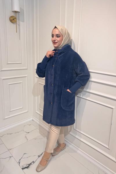 Gold Düğmeli Angora Kaban Lacivert