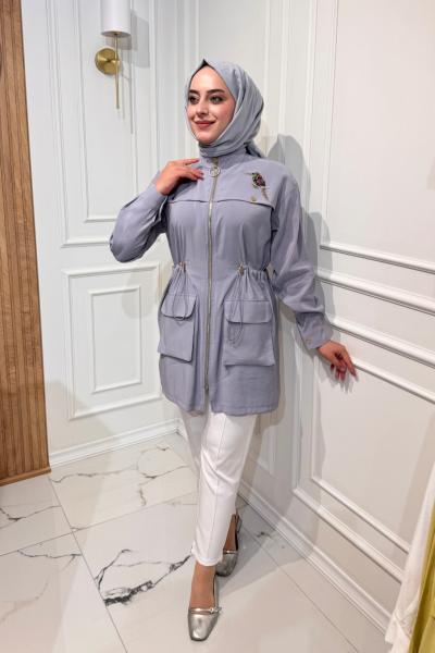 Kuş Detaylı Kap Gri