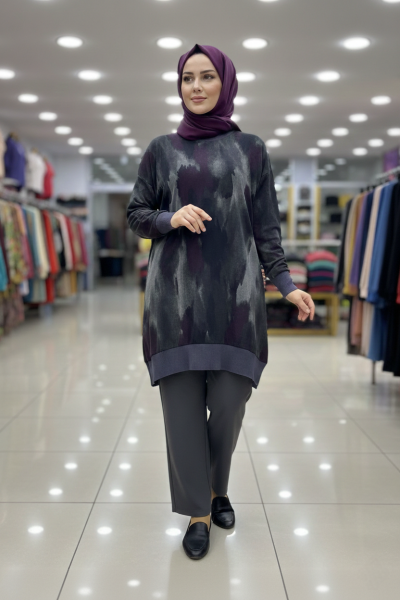 Triko Kollu Desenli Kupra Tunik Füme